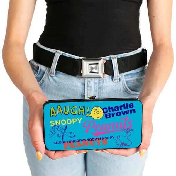 Buckle Down Hinged Wallet - PEANUTS Charlie Brown Snoopy And Woodstock Typography Collage Blue/Multi Color
