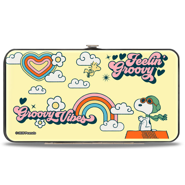 Buckle Down Hinged Wallet - Peanuts Snoopy Flying Ace And Woodstock GROOVY Quotes Collage Yellow