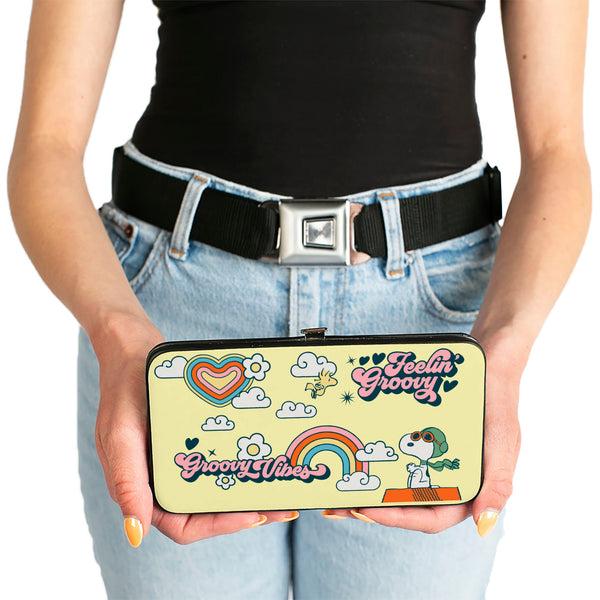 Buckle Down Hinged Wallet - Peanuts Snoopy Flying Ace And Woodstock GROOVY Quotes Collage Yellow