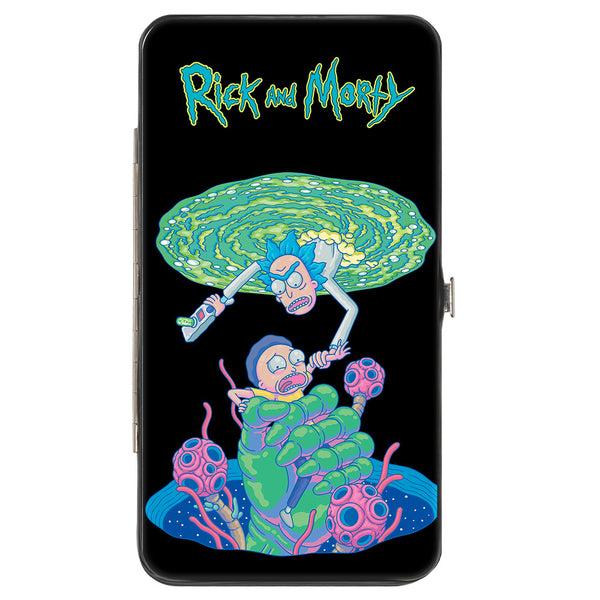 buckle down Hinged Wallet - Rick and Morty Portal Battle Scene + Botanical Cell Poses Collage Black