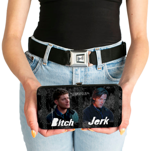 Buckle Down Hinged Wallet - SUPERNATURAL 4-Character Poses BITCH-JERK + IDJITS ASSBUTT Black Grays White