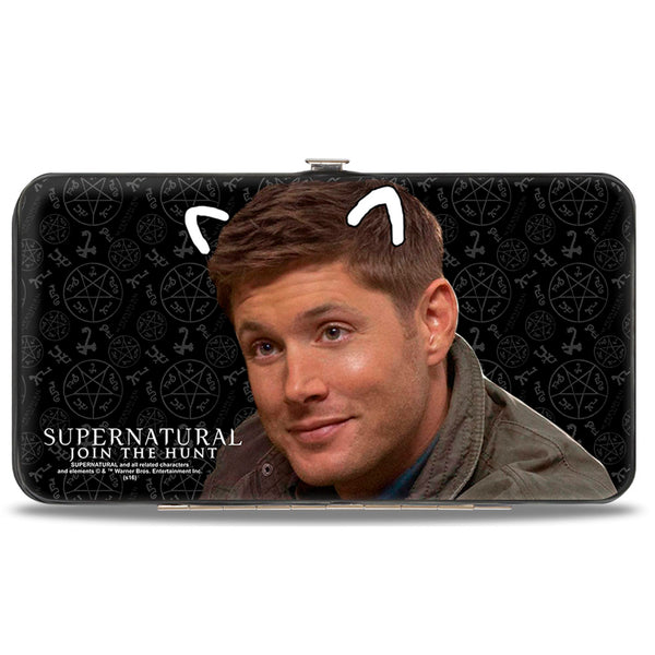 Buckle Down Hinged Wallet - SUPERNATURAL Sam Moose + Dean Sqirrel Poses Scattered Symbols Black Gray White