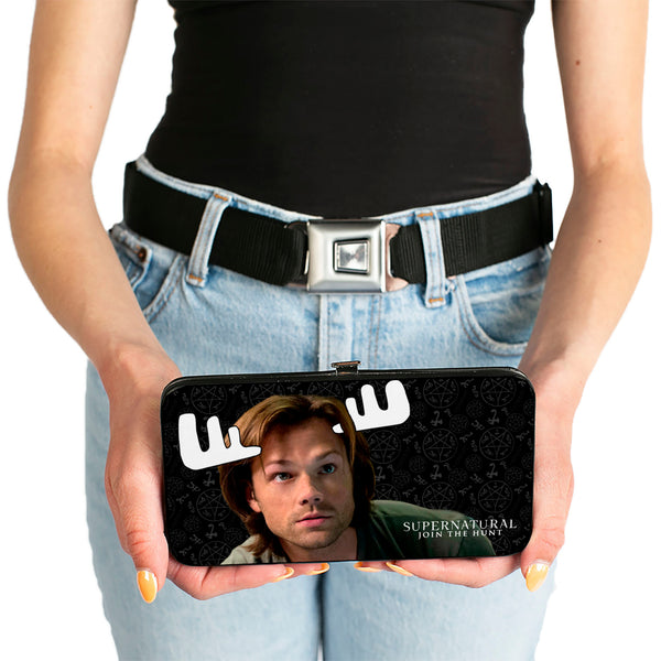 Buckle Down Hinged Wallet - SUPERNATURAL Sam Moose + Dean Sqirrel Poses Scattered Symbols Black Gray White
