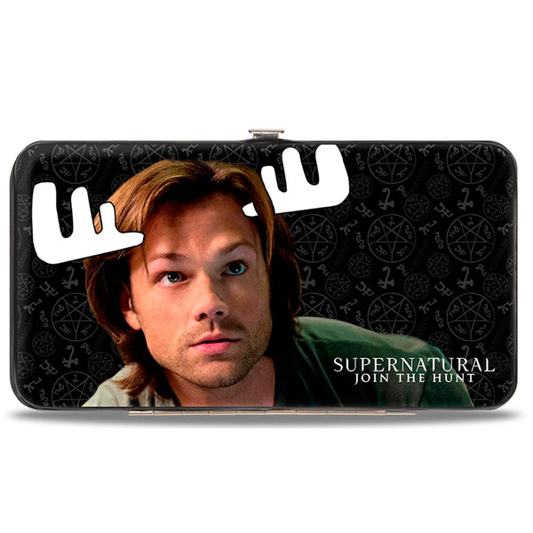 buckle down Hinged Wallet - SUPERNATURAL Sam Moose + Dean Sqirrel Poses Scattered Symbols Black Gray White