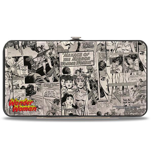 Buckle Down Hinged Wallet - Wonder Woman Logo Comic Scenes Grays Blue Red Yellow