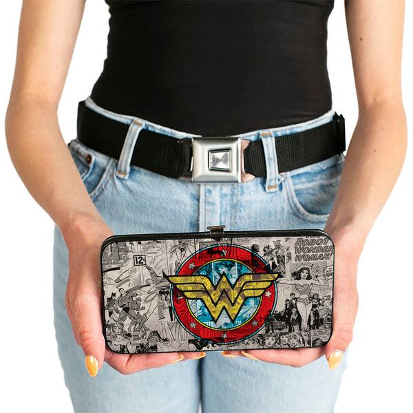 Buckle Down Hinged Wallet - Wonder Woman Logo Comic Scenes Grays Blue Red Yellow