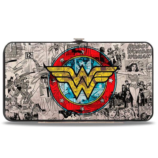 buckle down Hinged Wallet - Wonder Woman Logo Comic Scenes Grays Blue Red Yellow