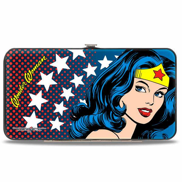 Buckle Down Hinged Wallet - WONDER WOMAN Stars Face Halftone Blues Red Yellow White