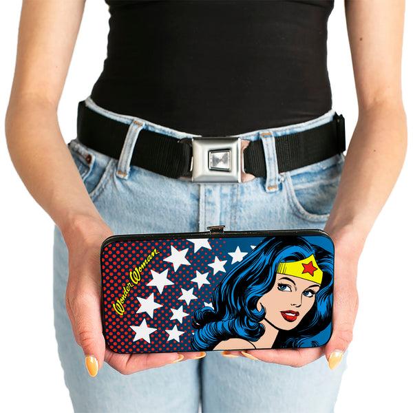 Buckle Down Hinged Wallet - WONDER WOMAN Stars Face Halftone Blues Red Yellow White