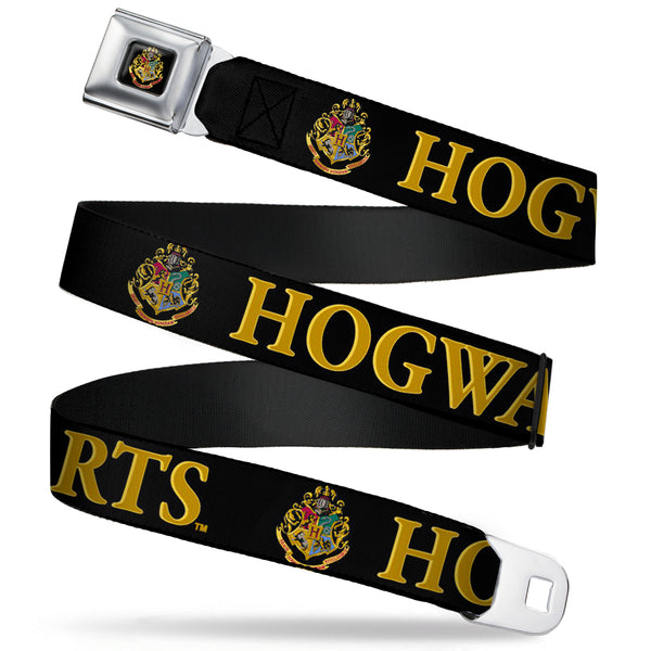 Buckle Down Hogwarts Crest Full Color Seatbelt Belt - Harry Potter HOGWARTS & Crest Black/Gold Webbing
