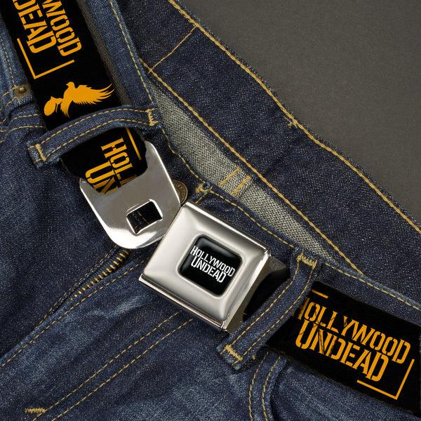 Buckle Down HOLLYWOOD UNDEAD Text Logo Full Color Black/White Seatbelt Belt - HOLLYWOOD UNDEAD Text Logo/Dove & Grenade Icon Black/Gold Webbing