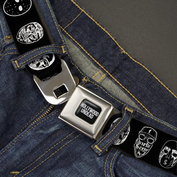 Buckle Down HOLLYWOOD UNDEAD Text Logo Full Color Black/White Seatbelt Belt - Hollywood Undead Mask Icons Scattered Black/White Webbing
