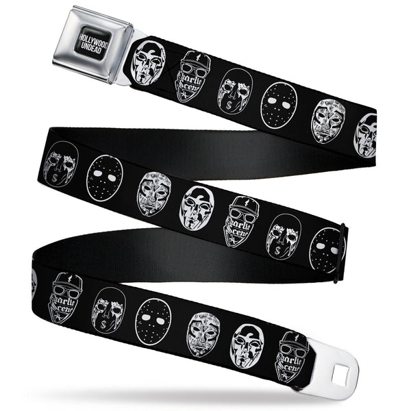buckle down HOLLYWOOD UNDEAD Text Logo Full Color Black/White Seatbelt Belt - Hollywood Undead Mask Icons Scattered Black/White Webbing