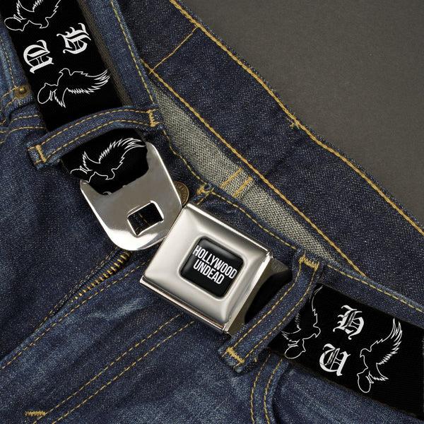 Buckle Down HOLLYWOOD UNDEAD Text Logo Full Color Black/White Seatbelt Belt - Hollywood Undead HU Shatter Dove & Grenade Black/White Webbing