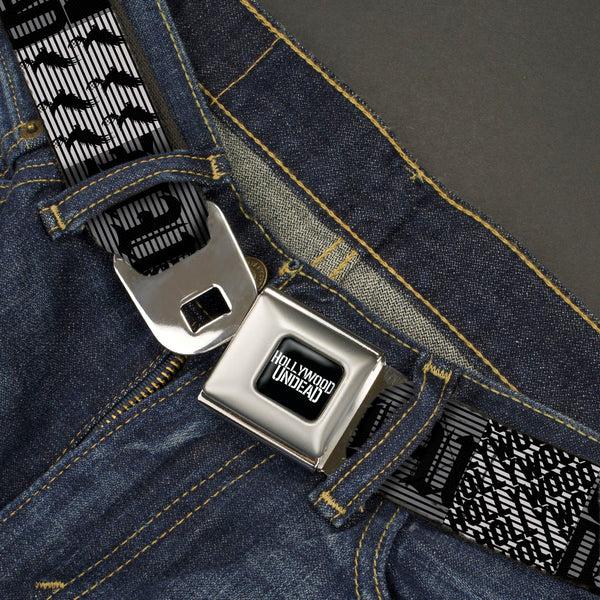 Buckle Down HOLLYWOOD UNDEAD Text Logo Full Color Black/White Seatbelt Belt - Hollywood Undead Logo Blocks Grays/Black Webbing