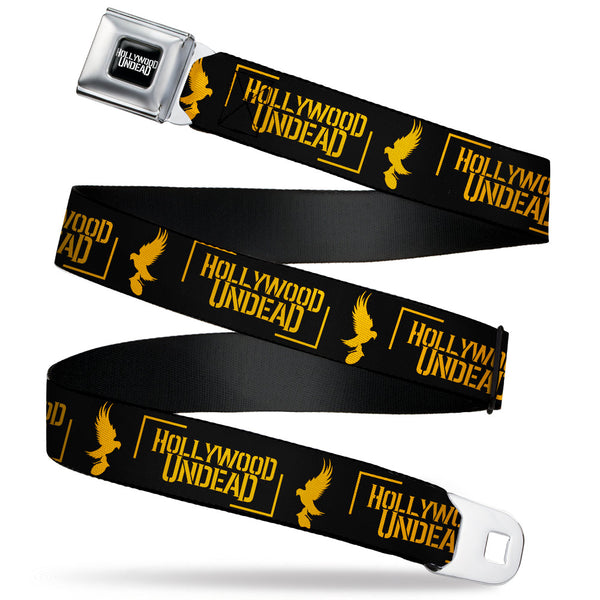 buckle down HOLLYWOOD UNDEAD Text Logo Full Color Black/White Seatbelt Belt - HOLLYWOOD UNDEAD Text Logo/Dove & Grenade Icon Black/Gold Webbing