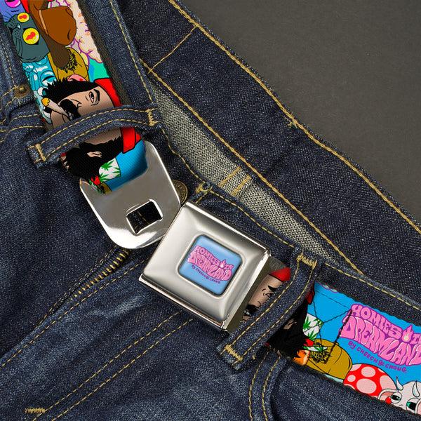 Buckle Down HOMIES IN DREAMLAND BY CHEECH & CHONG Title Logo Full Color Blue/Purples Seatbelt Belt - HOMIES IN DREAMLAND Title Logo Cheech And Chong With Homies Characters Blue Webbing