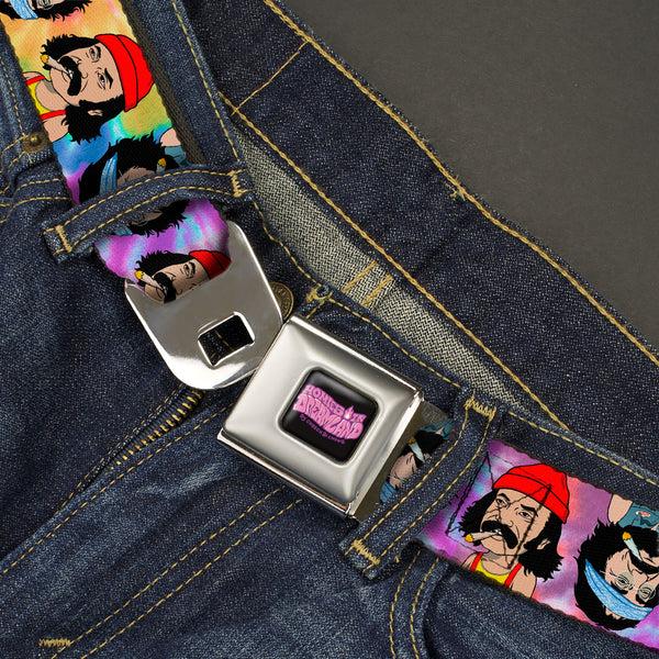Buckle Down HOMIES IN DREAMLAND BY CHEECH & CHONG Title Logo Full Color Black/Purples Seatbelt Belt - Homies In Dreamland Cheech And Chong Pose Flip Tie Dye Multi Color Webbing