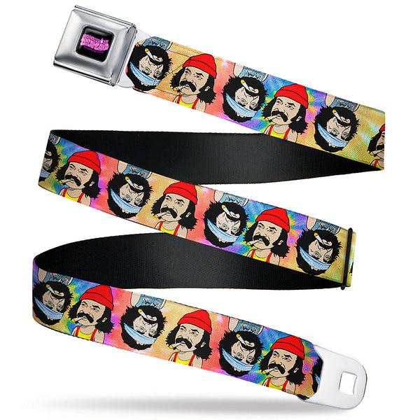 buckle down HOMIES IN DREAMLAND BY CHEECH & CHONG Title Logo Full Color Black/Purples Seatbelt Belt - Homies in Dreamland Cheech and Chong Pose Flip Tie Dye Multi Color Webbing