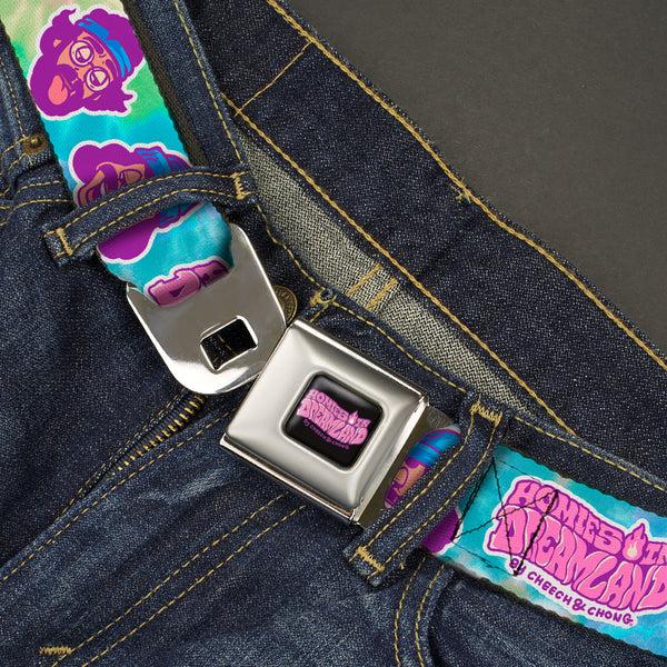 Buckle Down HOMIES IN DREAMLAND BY CHEECH & CHONG Title Logo Full Color Black/Purples Seatbelt Belt - HOMIES IN DREAMLAND Title Logo Cheech And Chong Faces Tie Dye Blues Webbing