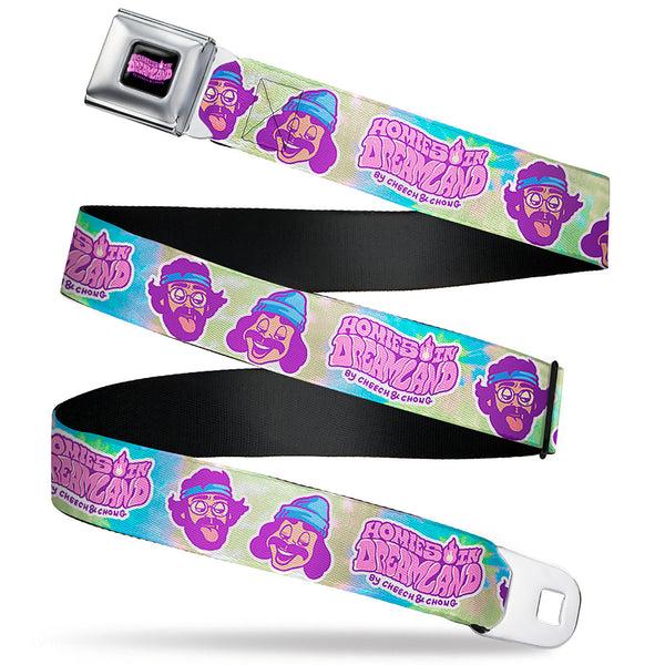 buckle down HOMIES IN DREAMLAND BY CHEECH & CHONG Title Logo Full Color Black/Purples Seatbelt Belt - HOMIES IN DREAMLAND Title Logo Cheech and Chong Faces Tie Dye Blues Webbing