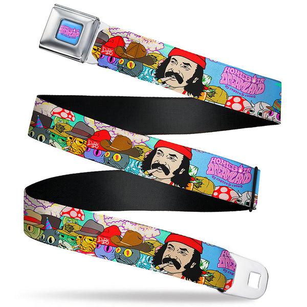 buckle down HOMIES IN DREAMLAND BY CHEECH & CHONG Title Logo Full Color Blue/Purples Seatbelt Belt - HOMIES IN DREAMLAND Title Logo Cheech and Chong with Homies Characters Blue Webbing