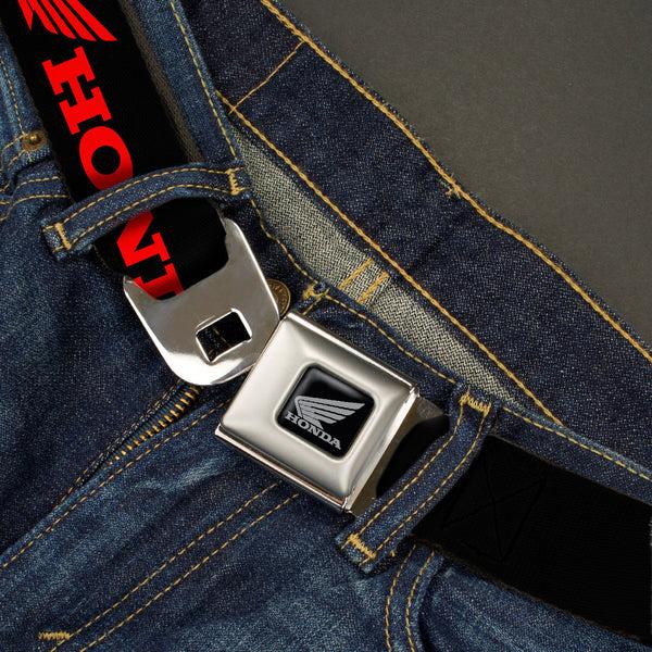 Buckle Down Honda Motorcycle Black Silver Seatbelt Belt - HONDA/Wing Logo Black/Red Webbing