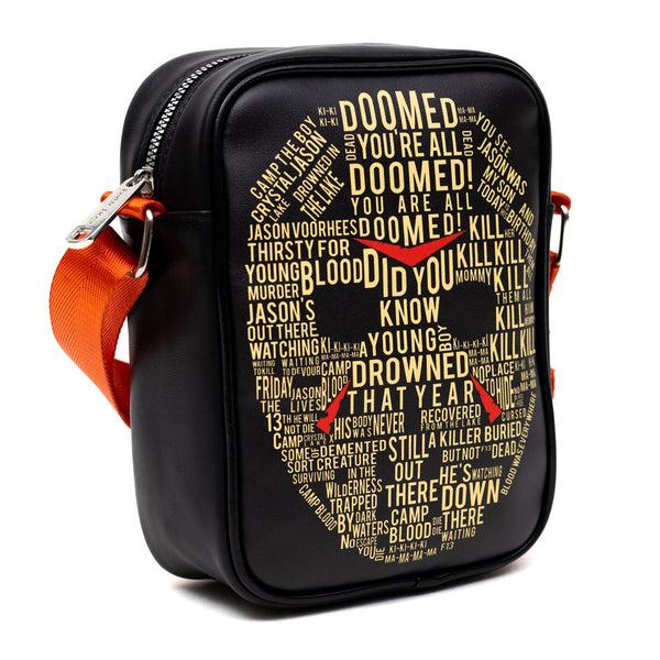 Buckle Down Horror Movies Vegan Leather Cross Body Backpack For Men And Women With Adjustable Strap Friday The 13th Jason Hockey Mask Quotes Typography Black