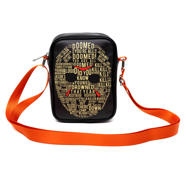 Buckle Down Horror Movies Vegan Leather Cross Body Backpack For Men And Women With Adjustable Strap Friday The 13th Jason Hockey Mask Quotes Typography Black