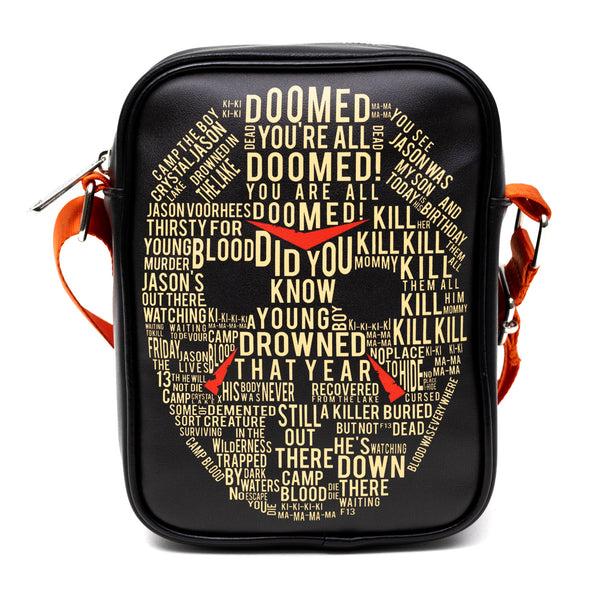 buckle down Horror Movies Vegan Leather Cross Body Backpack for Men and Women with Adjustable Strap Friday the 13th Jason Hockey Mask Quotes Typography Black