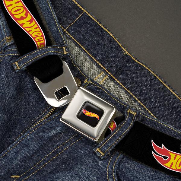 Buckle Down HOT WHEELS Classic Flame Logo Full Color Black/Red/Yellow Seatbelt Belt - HOT WHEELS Classic Flame Logo Black/Red/Yellow Webbing