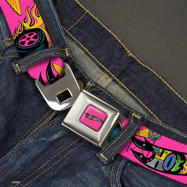Buckle Down HOT WHEELS Classic Flame Logo Full Color Pink/Black/Multi Color Seatbelt Belt - HOT WHEELS Logo And Parts Collage Pink/Black/Multi Color Webbing