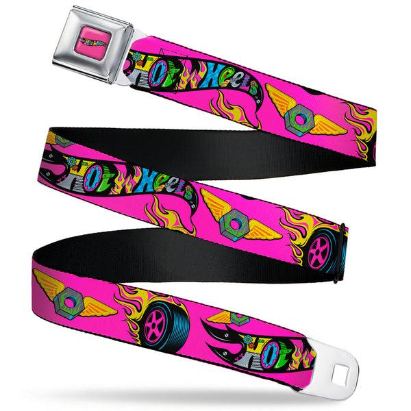 buckle down HOT WHEELS Classic Flame Logo Full Color Pink/Black/Multi Color Seatbelt Belt - HOT WHEELS Logo and Parts Collage Pink/Black/Multi Color Webbing