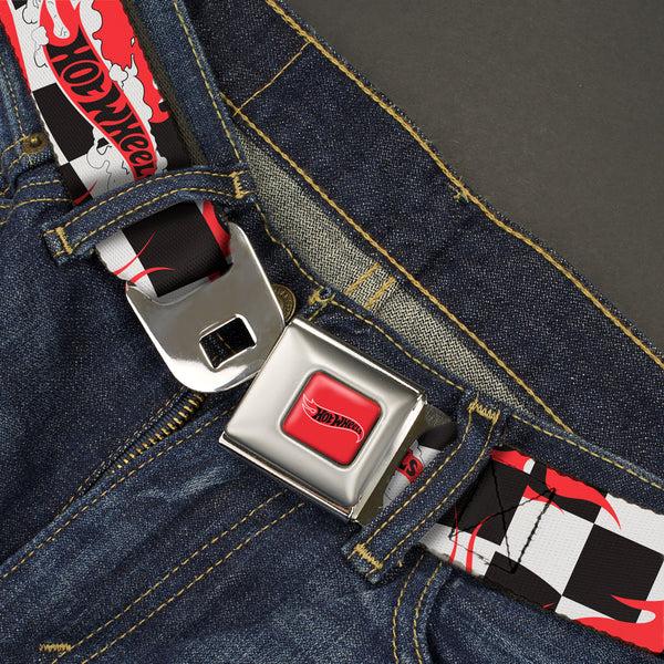 Buckle Down HOT WHEELS Classic Flame Logo Full Color Red/White/Black Seatbelt Belt - HOT WHEELS Logo And Tire Burn Out Checker Black/White Webbing