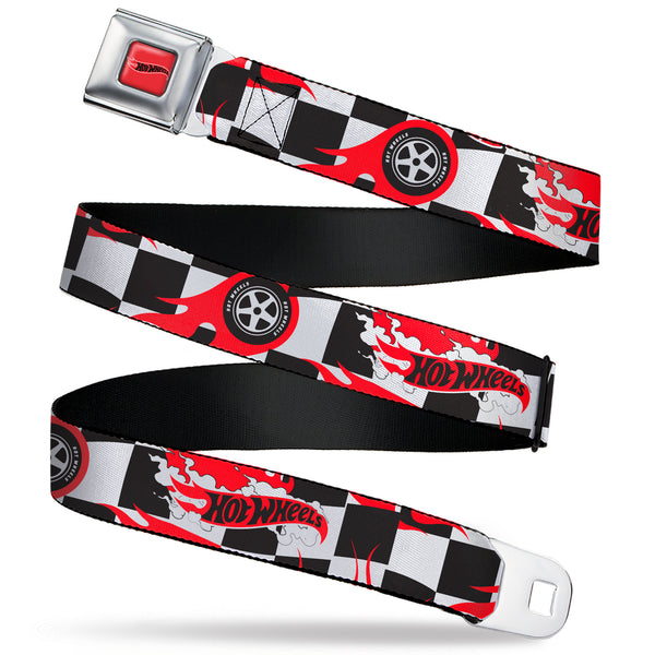 buckle down HOT WHEELS Classic Flame Logo Full Color Red/White/Black Seatbelt Belt - HOT WHEELS Logo and Tire Burn Out Checker Black/White Webbing