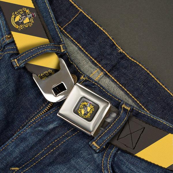 Buckle Down HUFFLEPUFF Crest Full Color Charcoal Gray Seatbelt Belt - HUFFLEPUFF Crest Diagonal Stripe Charcoal Gray/Yellow Webbing