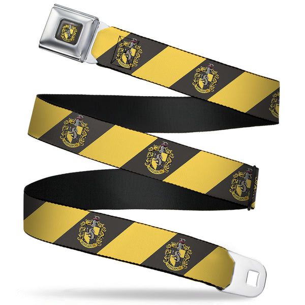 Buckle Down HUFFLEPUFF Crest Full Color Charcoal Gray Seatbelt Belt - HUFFLEPUFF Crest Diagonal Stripe Charcoal Gray/Yellow Webbing