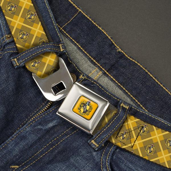 Buckle Down HUFFLEPUFF Crest Full Color Gold Seatbelt Belt - Harry Potter Hufflepuff Crest Plaid Yellows/Gray Webbing