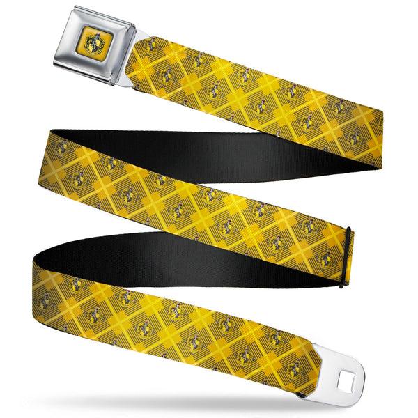 buckle down HUFFLEPUFF Crest Full Color Gold Seatbelt Belt - Harry Potter Hufflepuff Crest Plaid Yellows/Gray Webbing