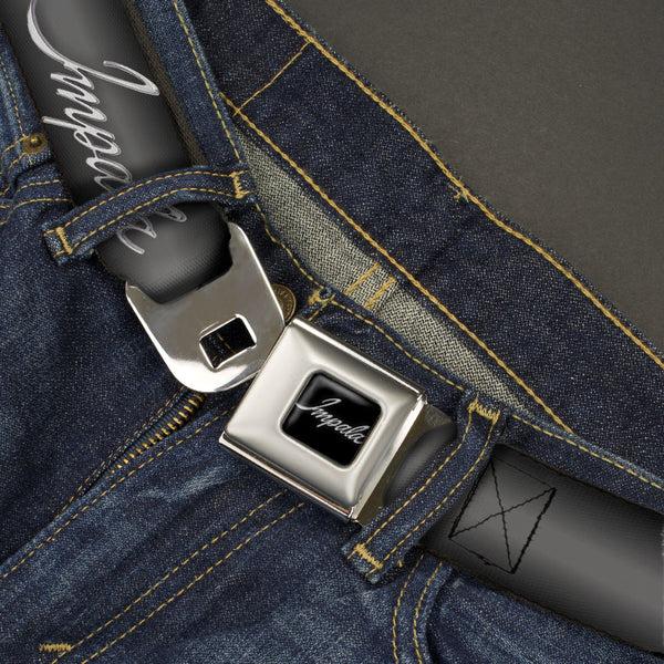 Buckle Down IMPALA Script Emblem Full Color Black Silver Seatbelt Belt - IMPALA Script Emblem Gray Fade/Silver Webbing