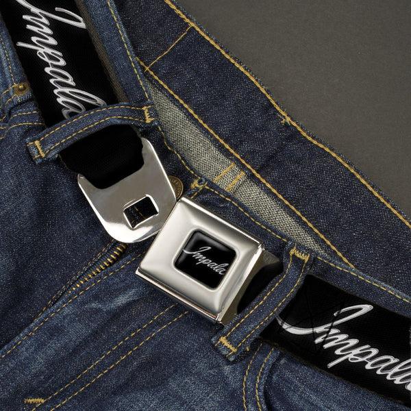 Buckle Down IMPALA Script Emblem Full Color Black Silver Seatbelt Belt - IMPALA Script Emblem Black/Silver Webbing