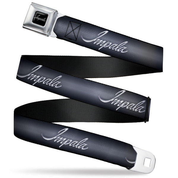 buckle down IMPALA Script Emblem Full Color Black Silver Seatbelt Belt - IMPALA Script Emblem Gray Fade/Silver Webbing