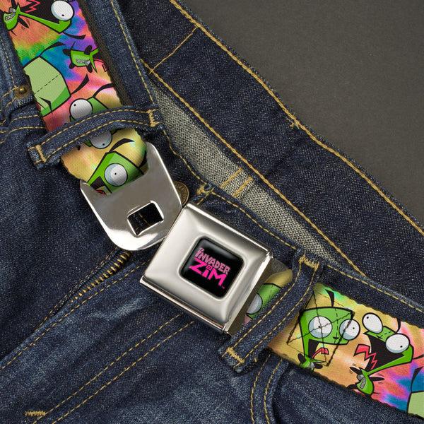 Buckle Down INVADER ZIM Title Logo Full Color Black/Pinks Seatbelt Belt - Invader Zim GIR Poses Scattered Tie Dye Multi Color Webbing