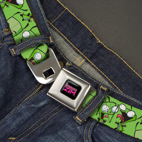 Buckle Down INVADER ZIM Title Logo Full Color Black/Pinks Seatbelt Belt - Invader Zim GIR Poses Scattered Greens Webbing