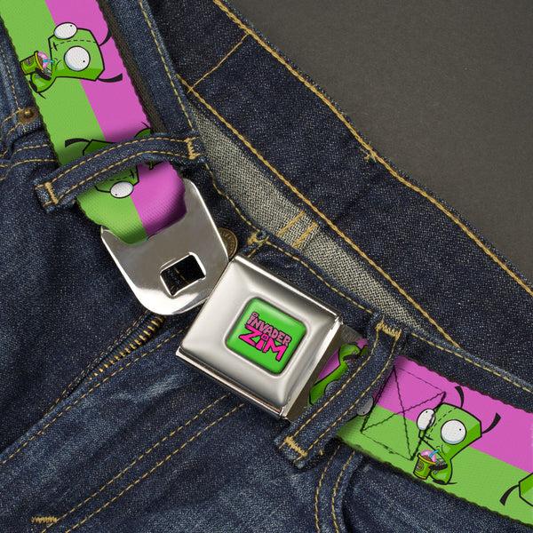 Buckle Down INVADER ZIM Title Logo Full Color Green/Pinks Seatbelt Belt - Invader Zim GIR Drinking Pose Stripe Purple/Green Webbing