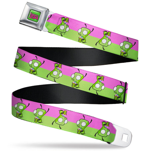 buckle down INVADER ZIM Title Logo Full Color Green/Pinks Seatbelt Belt - Invader Zim GIR Drinking Pose Stripe Purple/Green Webbing