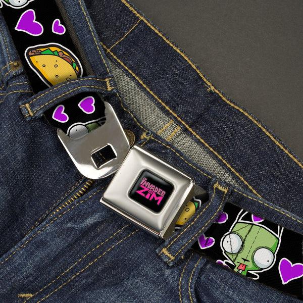 Buckle Down INVADER ZIM Title Logo Full Color Pink/Green Seatbelt Belt - Invader Zim GIR And Tacos Heart Collage Black Webbing