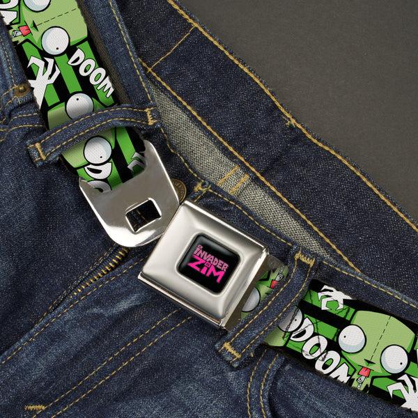 Buckle Down INVADER ZIM Title Logo Full Color Pink/Green Seatbelt Belt - Invader Zim GIR DOOM Flip Poses Stripe Black/Green Webbing