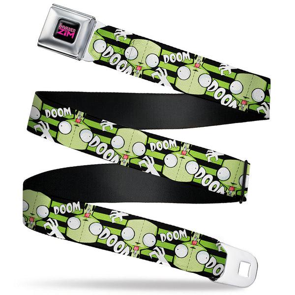 buckle down INVADER ZIM Title Logo Full Color Pink/Green Seatbelt Belt - Invader Zim GIR DOOM Flip Poses Stripe Black/Green Webbing