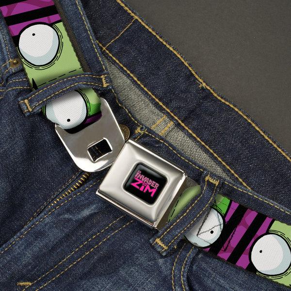 Buckle Down INVADER ZIM Title Logo Full Color Pink/Green Seatbelt Belt - Invader Zim GIR Eyes Close-Up Stripe Black/Purple Webbing
